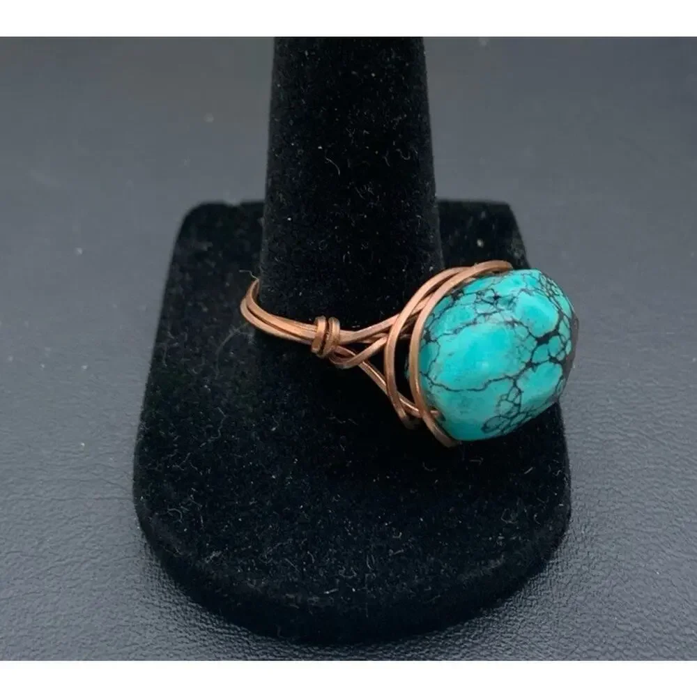 Rustic Brutalist Boho Copper‎ Wire Wrapped Faux Turquoise Ring Size 8.75